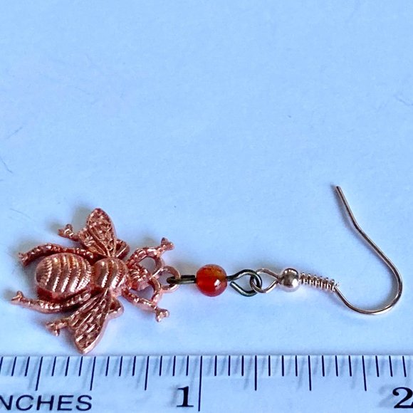 Carnelian Bead Bumble Bee Earrings Rose Gold Plated Dangle Queen Bea Orange - Picture 11 of 12